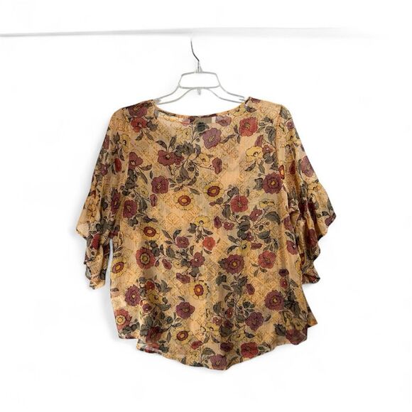 Style & Co Floral Boho Peasant Blouse 1X | Sheer Ruffle Sleeve Fall Top Metallic - Picture 2 of 8